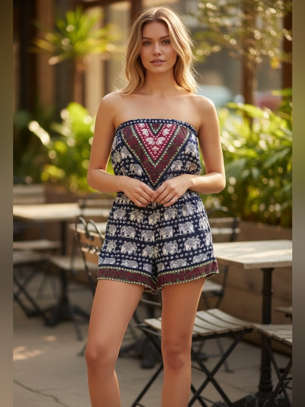 Angie Navy Blue White Romper Sleeveless Elephants Tribal Hippie Festival Boho S